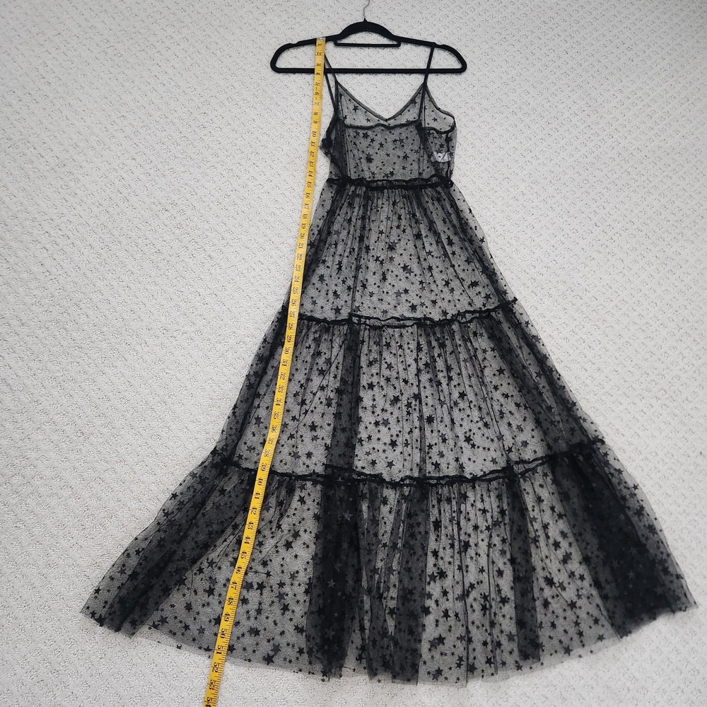 Black Sheer Mesh Star Print Maxi Dress Celestial V-Neck Sleeveless size Small - Picture 5 of 9